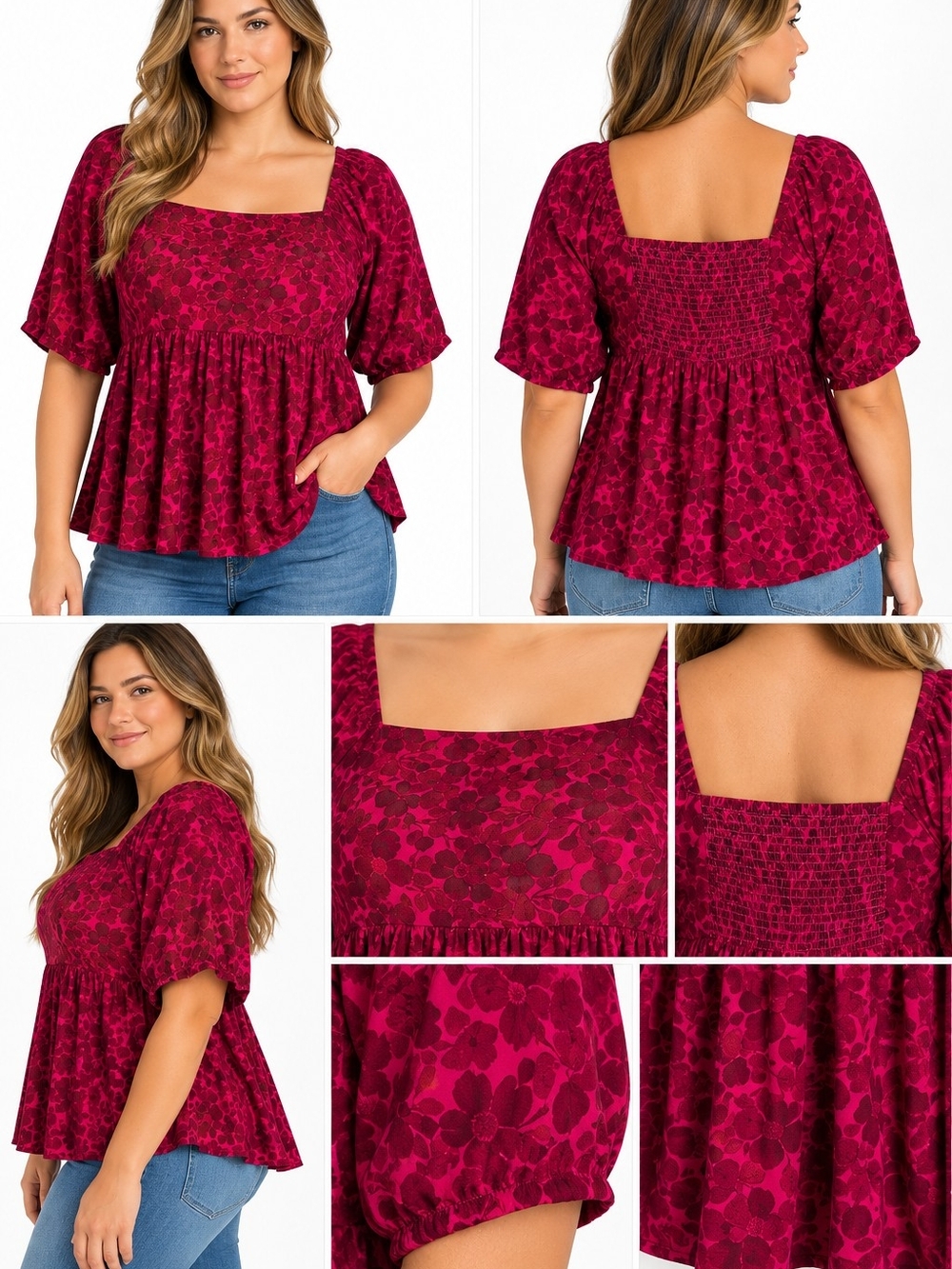Terra & Sky Berry Floral Square-Neck Peplum Top